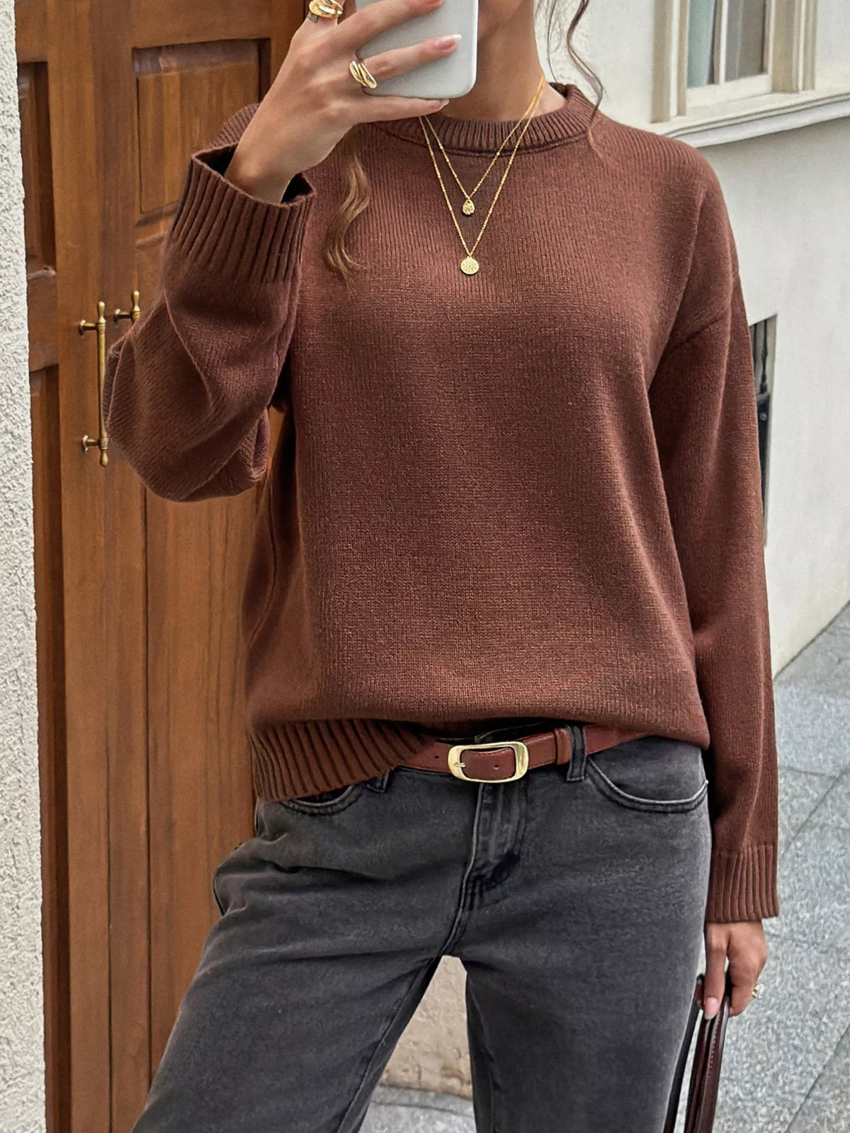 Crew Neck Ribbed Hem Sweater - Lilixa.store
