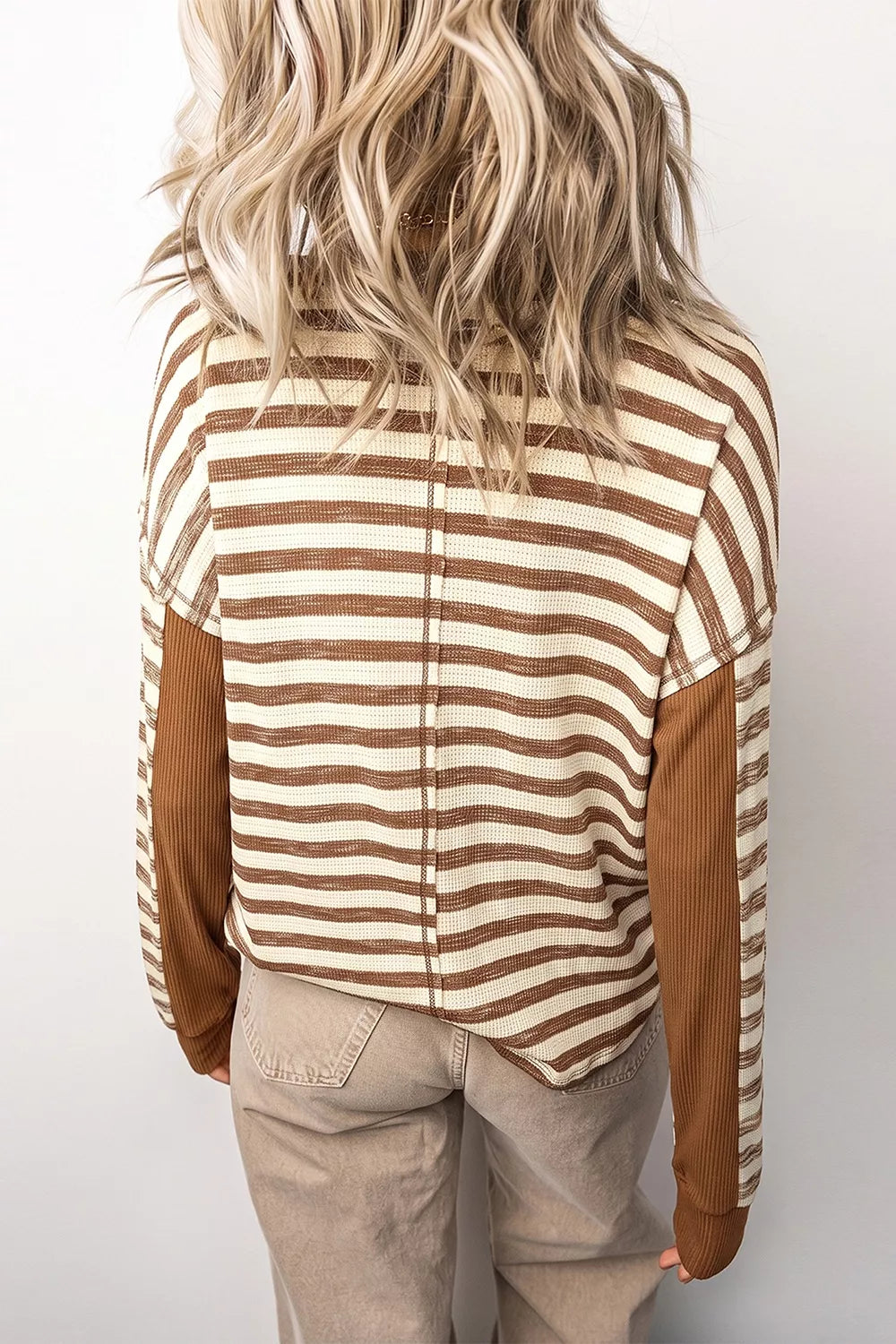 Stripe Textured Knit Color Block Trim Long Sleeve Round Neck Top - Lilixa.store