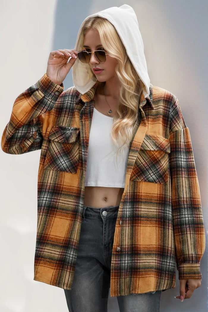 Double Take Drawstring Plaid Long Sleeve Hooded Shacket - Lilixa.store