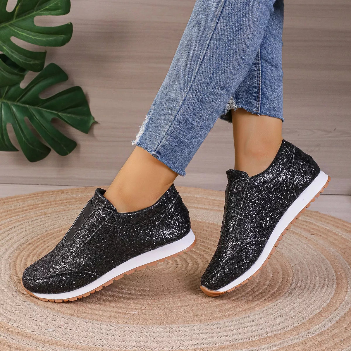 Round Toe Glitter Slip-Ons - Lilixa.store