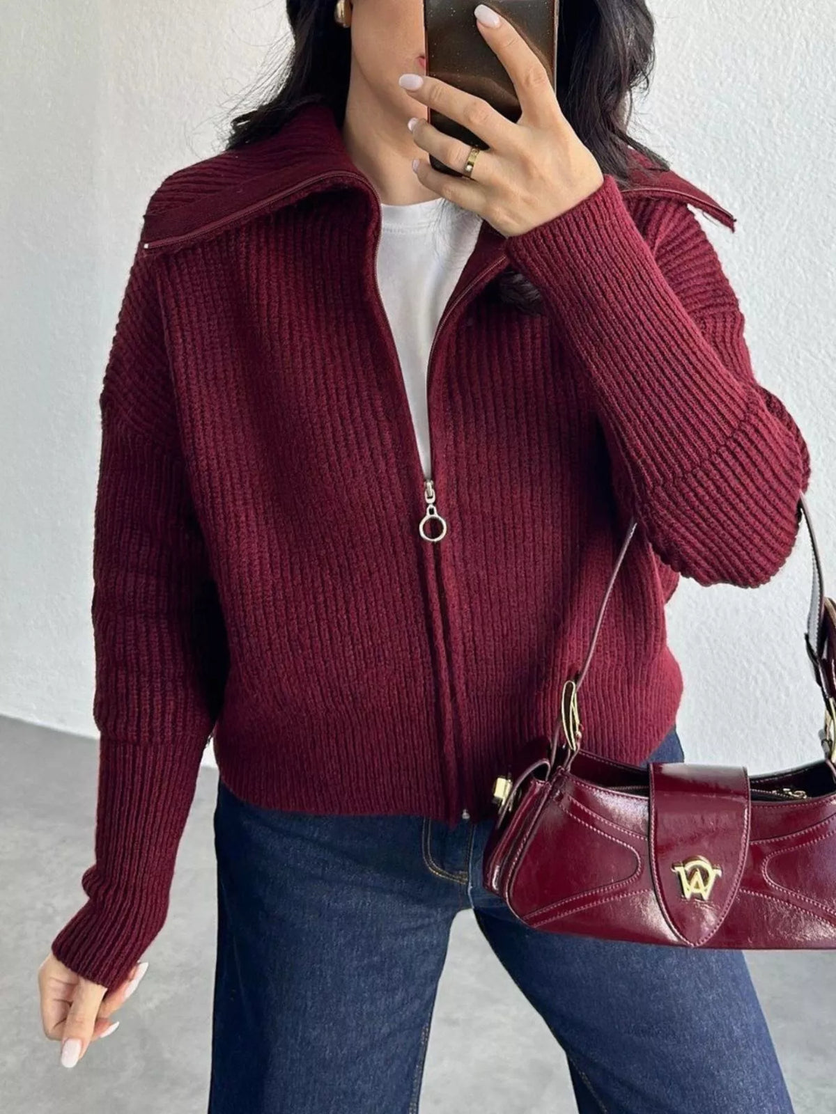 Zip Up Dropped Shoulder Cardigan - Lilixa.store