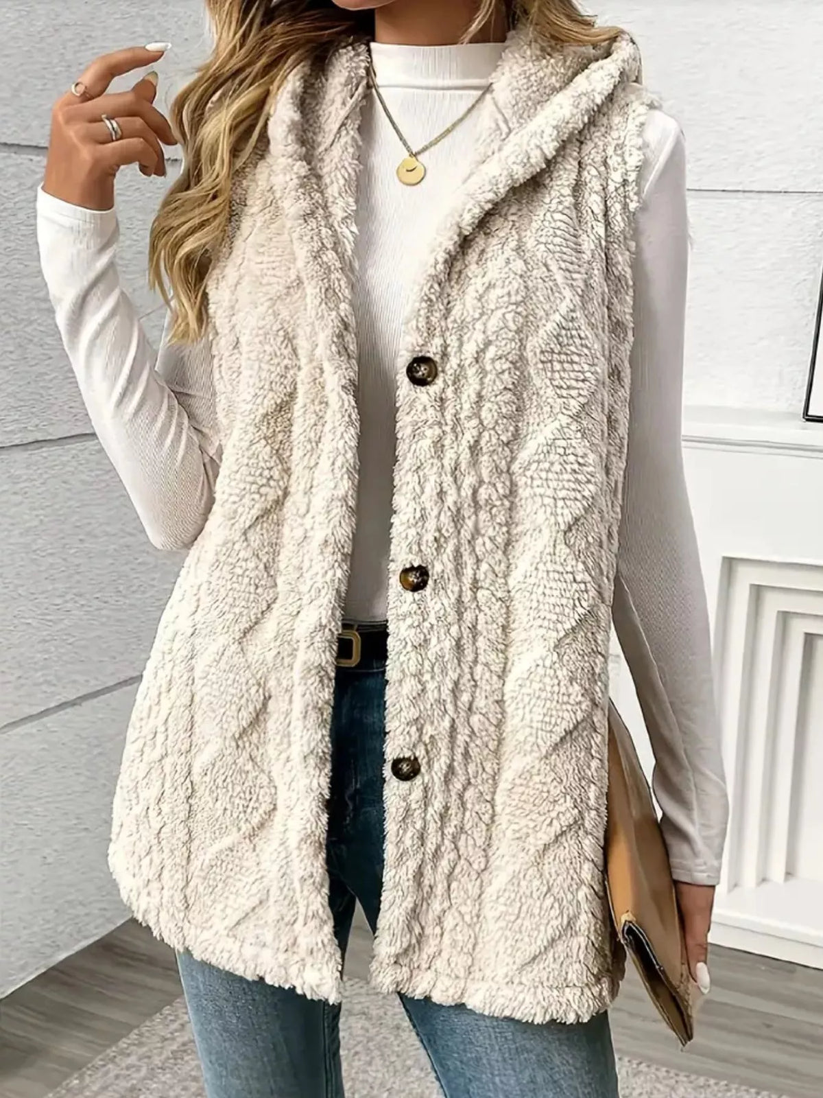 Button-Down Sherpa Hooded Vest Coat - Lilixa.store