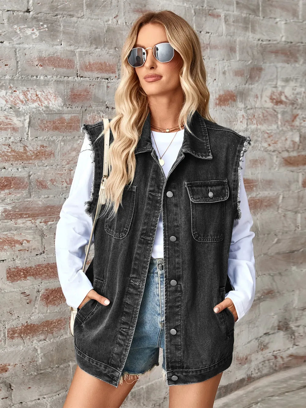 Raw Hem Sleeveless Button Up Denim Jacket, view 8