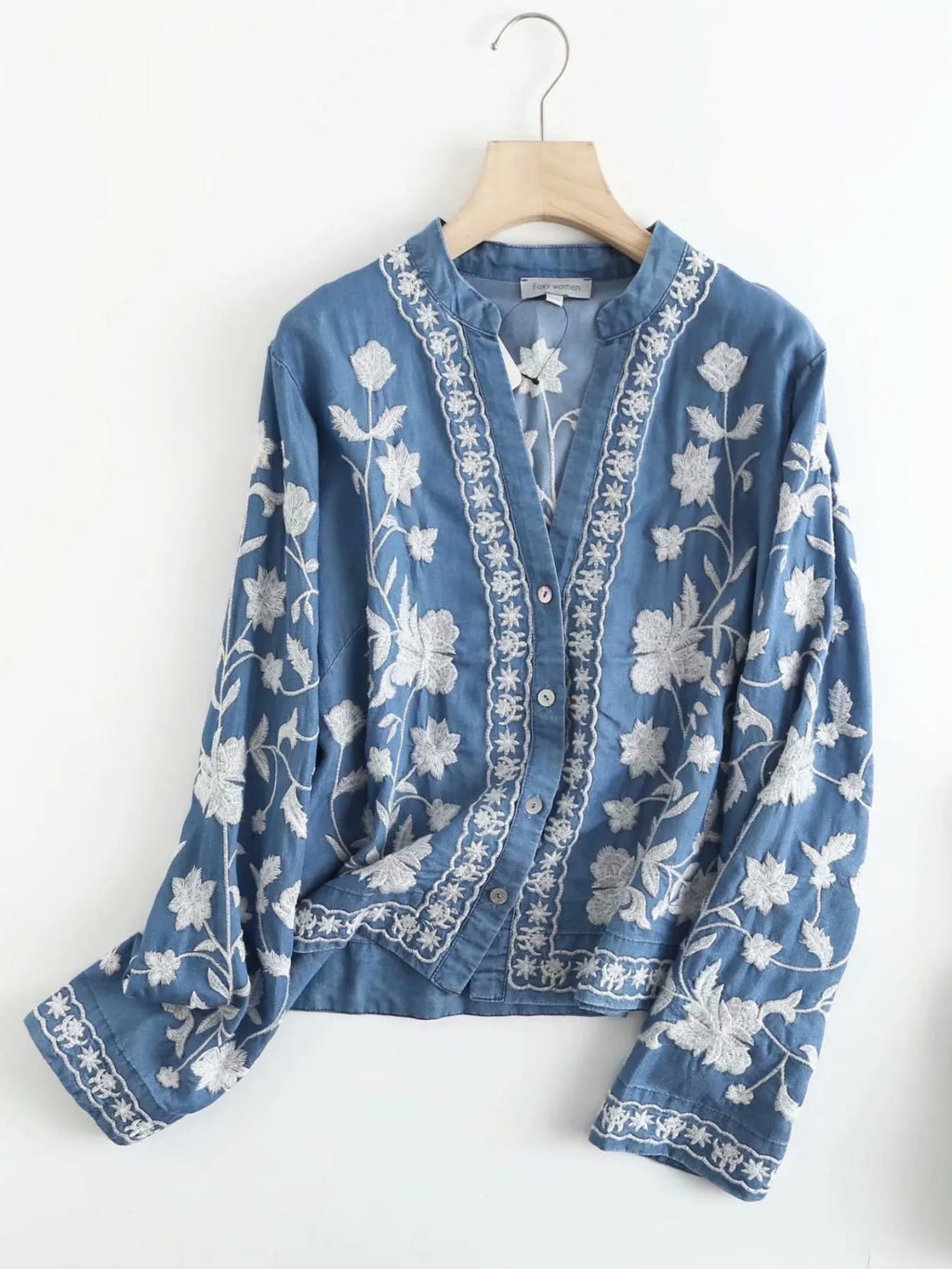 Floral Embroidered Button Up Denim Shirt - Lilixa.store