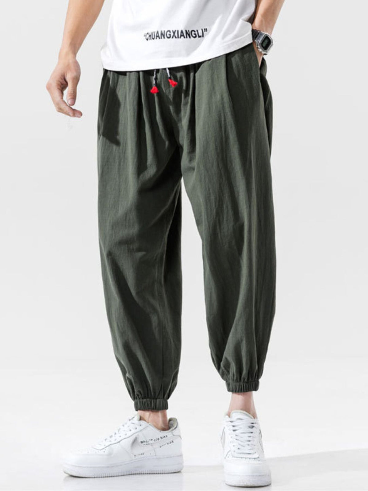 Men's Plus Size Casual Loose Fit Drawstring Joggers in Army Green