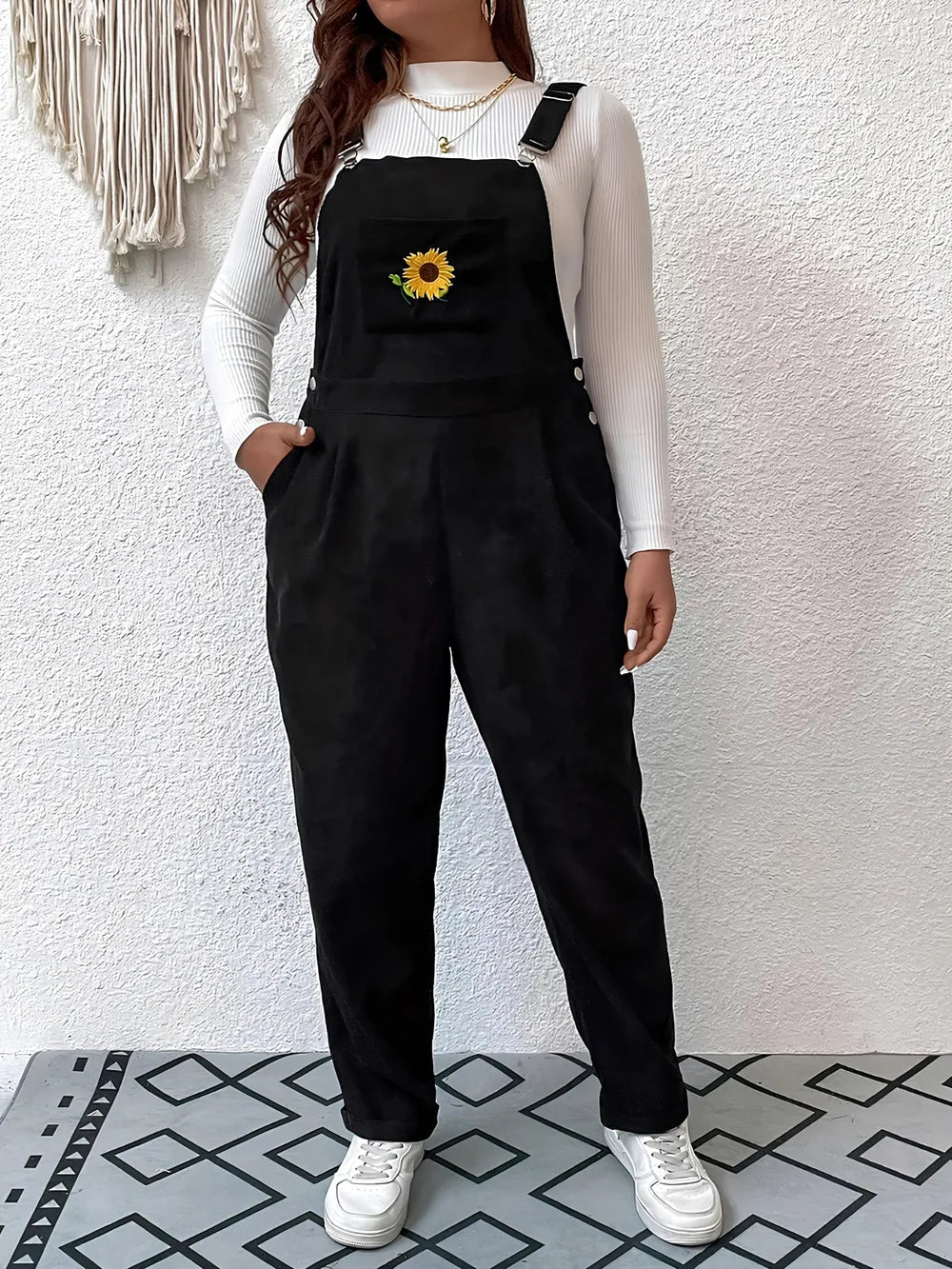Embroidered Sunflower Wide Strap Overalls with Pockets - Lilixa.store