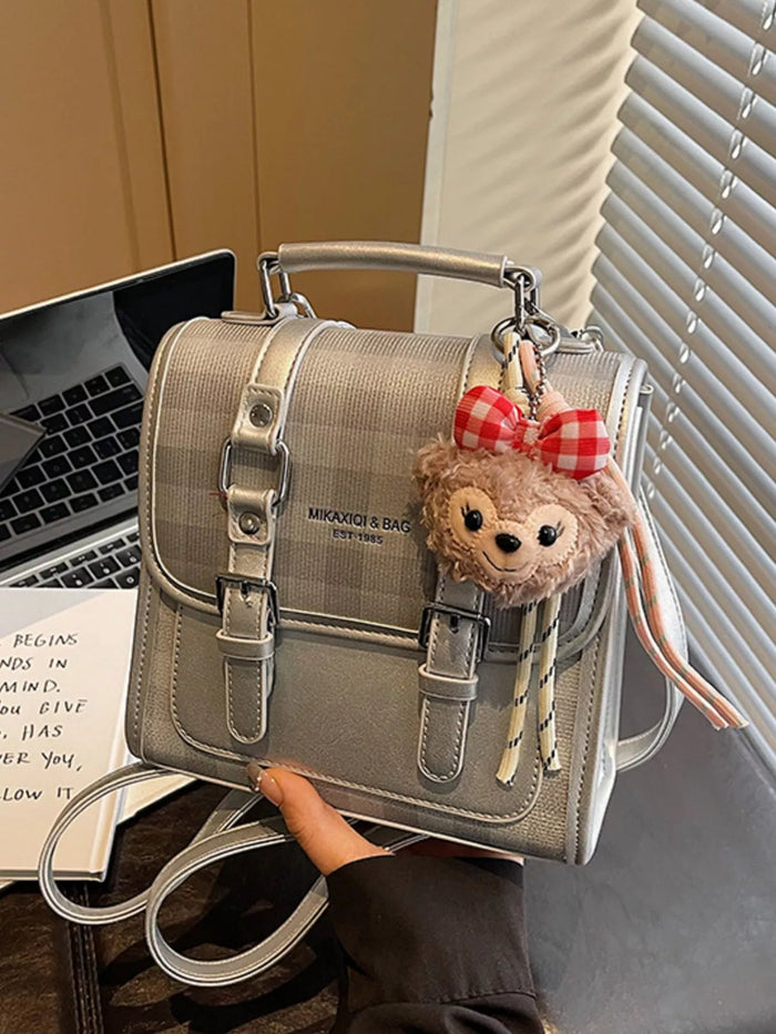 Plaid Backpack Bag with Charm - Lilixa.store