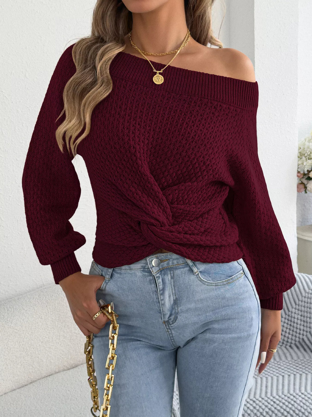 Off-Shoulder Twist Front Textured Knit Top, view 10