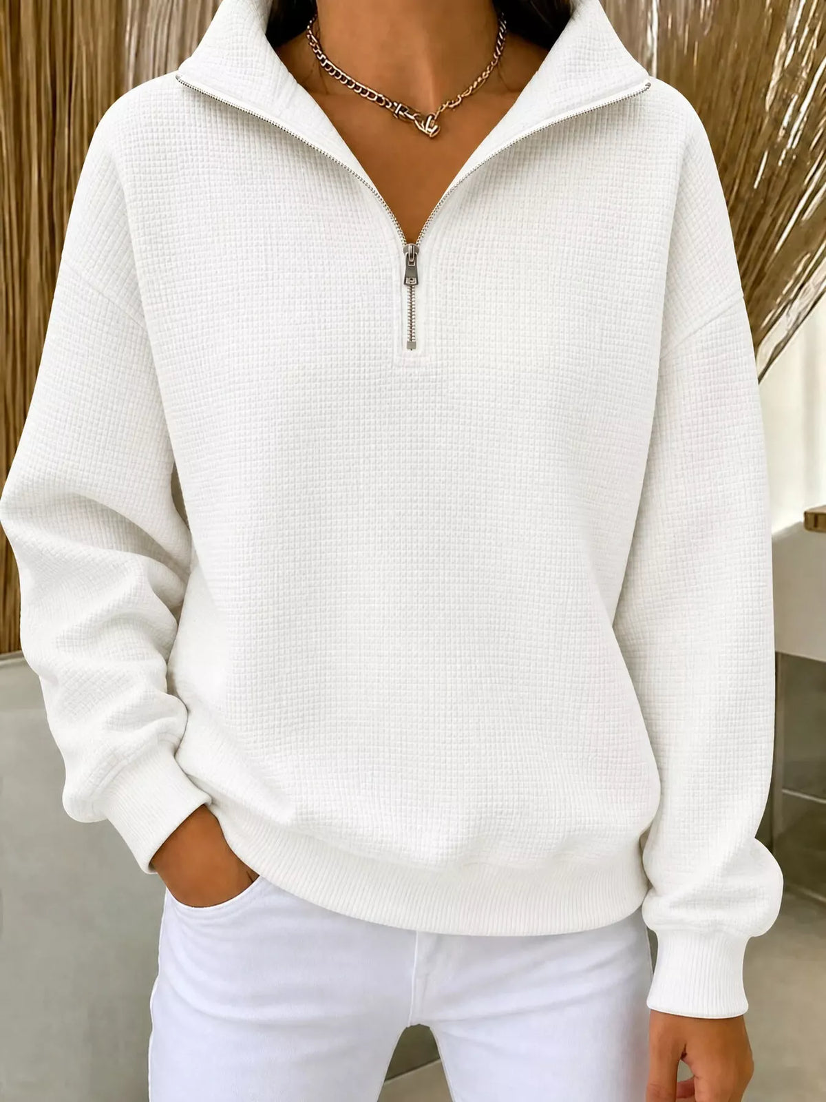 Full Size Waffle Knit Quarter-Zip Sweatshirt Plus Size - Lilixa.store