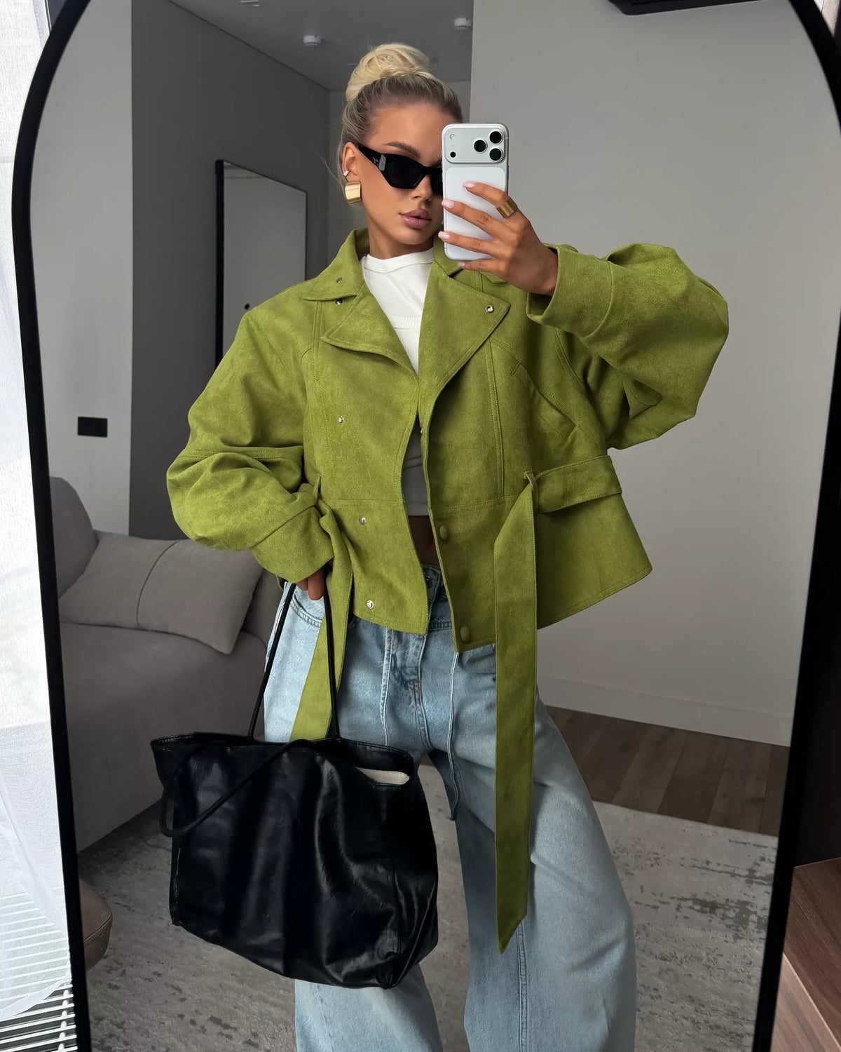 Tie Waist Long Sleeve Cropped Jacket in Matcha Green, view 11