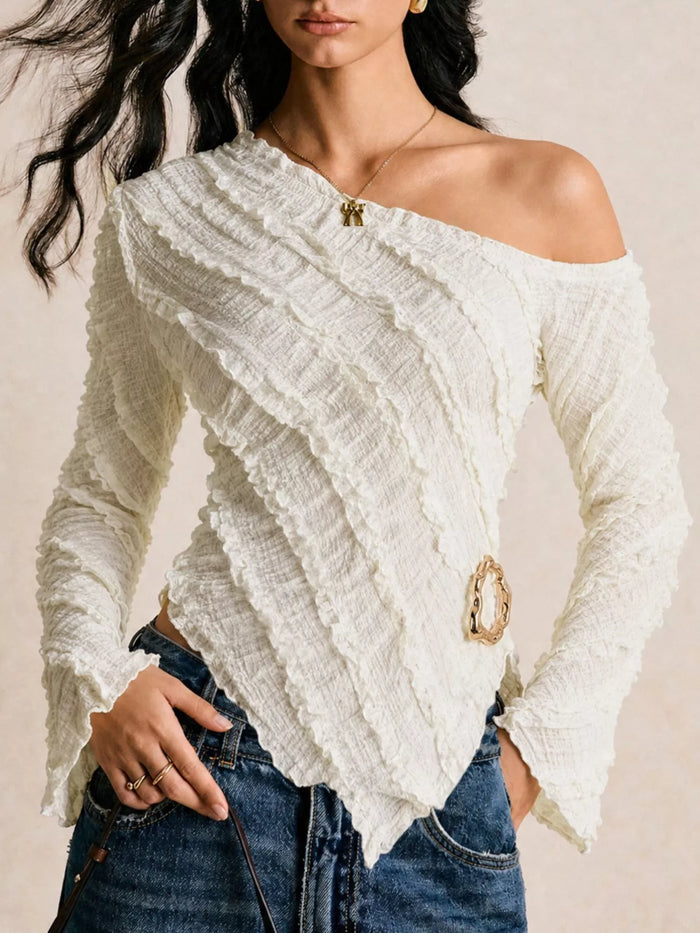 Textured Asymmetrical Hem One Shoulder Blouse in White