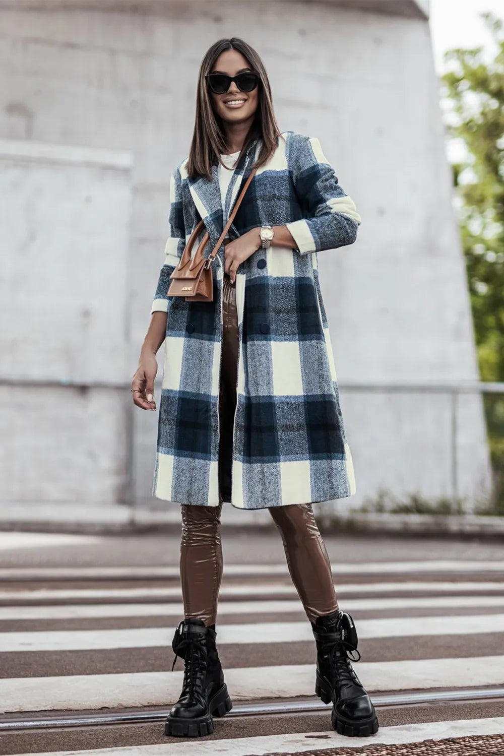 Double Take Full Size Plaid Button Up Lapel Collar Coat - Lilixa.store