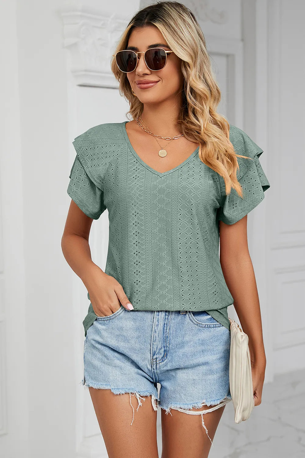 Eyelet V-Neck Short Sleeve T-Shirt - Lilixa.store