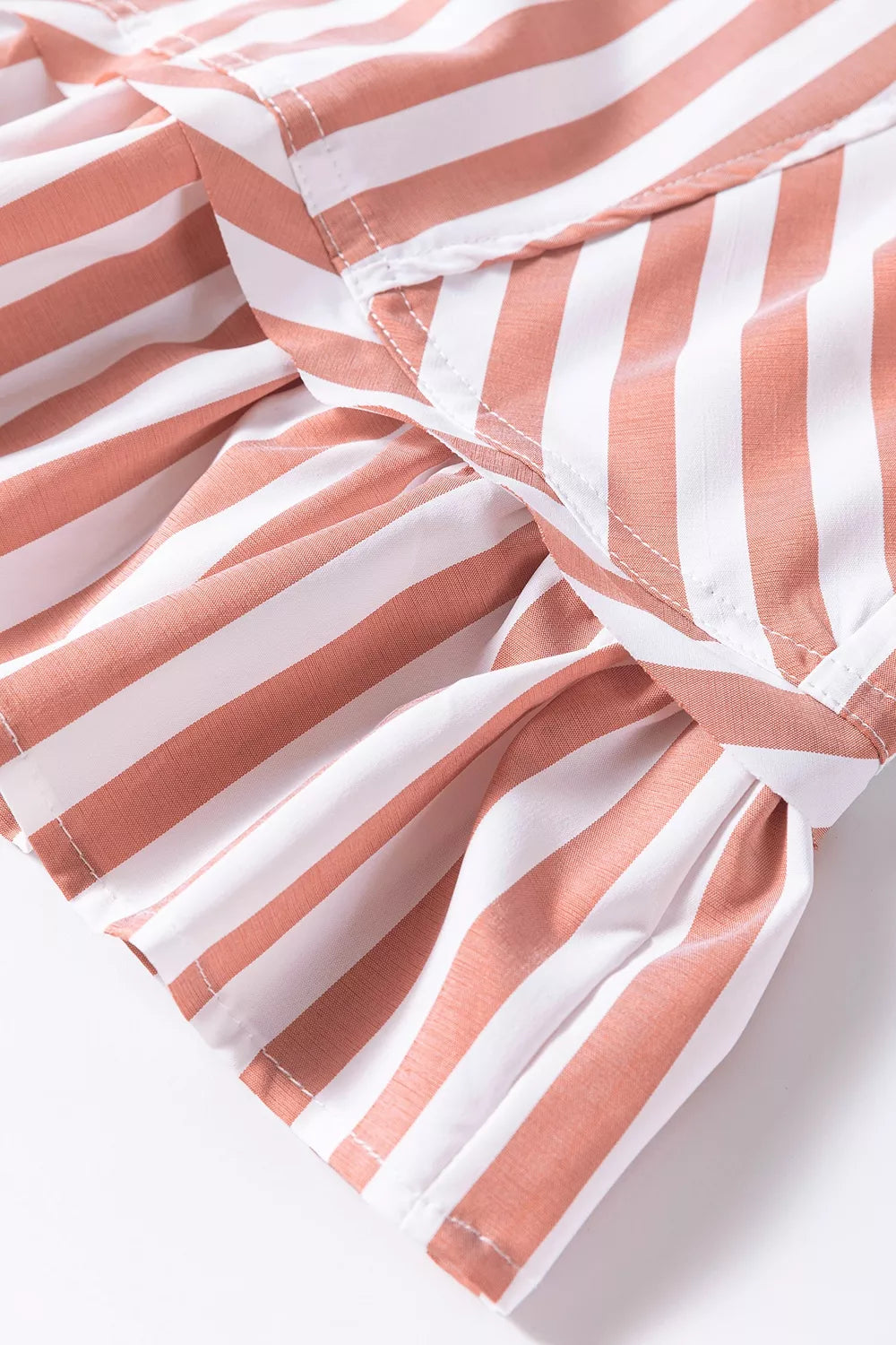 Stripe Collar Button Front Bracelet Sleeve Ruffle Hem Shirt - Lilixa.store
