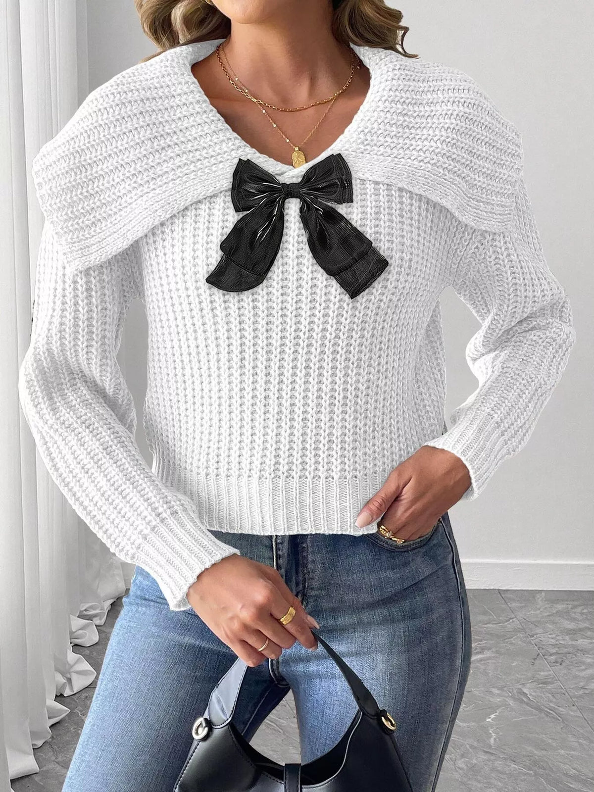 Contrast Bow Long Sleeve Sweater