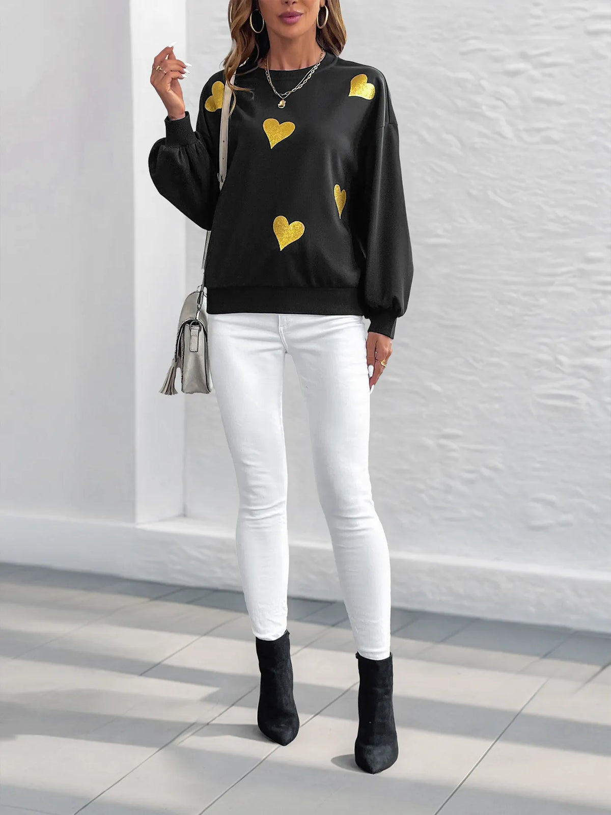 Heart Print Long Sleeve Sweatshirt - Lilixa.store