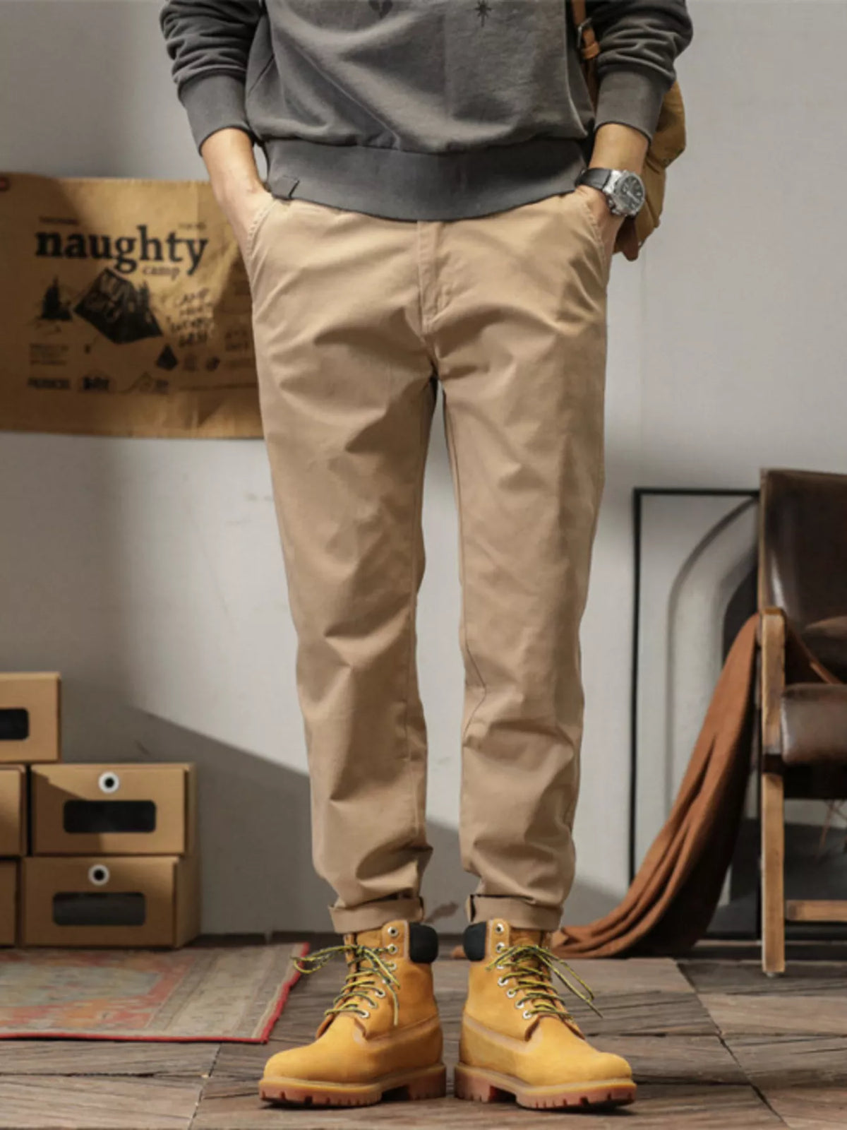 Men's Plus Size Casual Style Slim Fit Ankle Banded Pants in Khaki