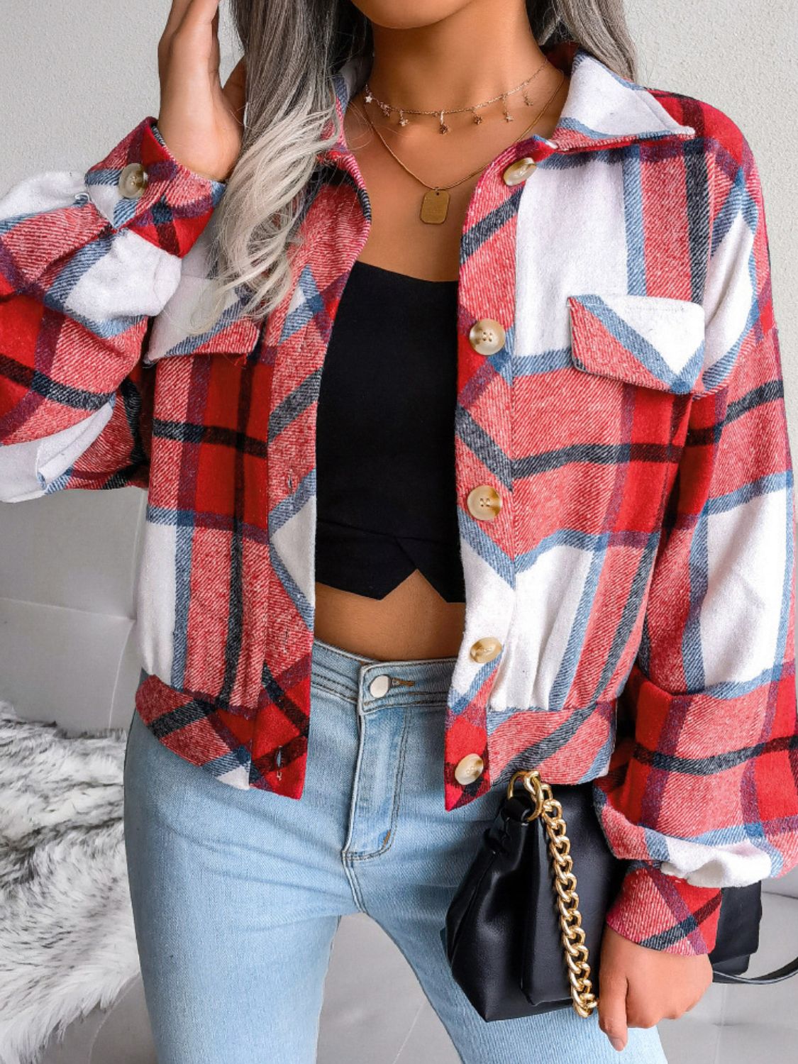 Plaid Collared Neck Drop Shoulder Jacket in Deep Red, view 3