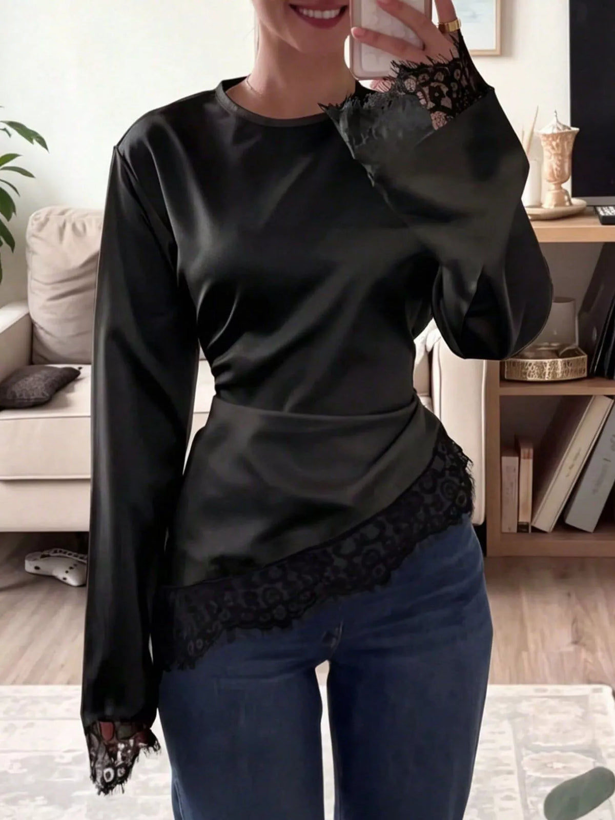 Satin Lace Trim Flare Sleeve Blouse in Black