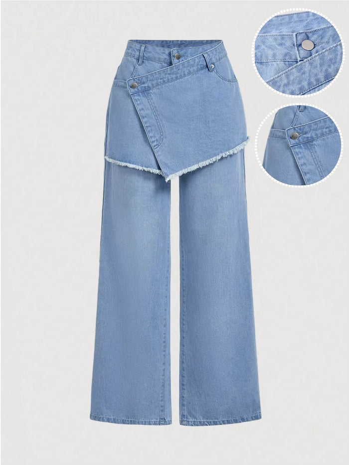 Asymmetric Raw Hem Wide-Leg Jeans - Lilixa.store