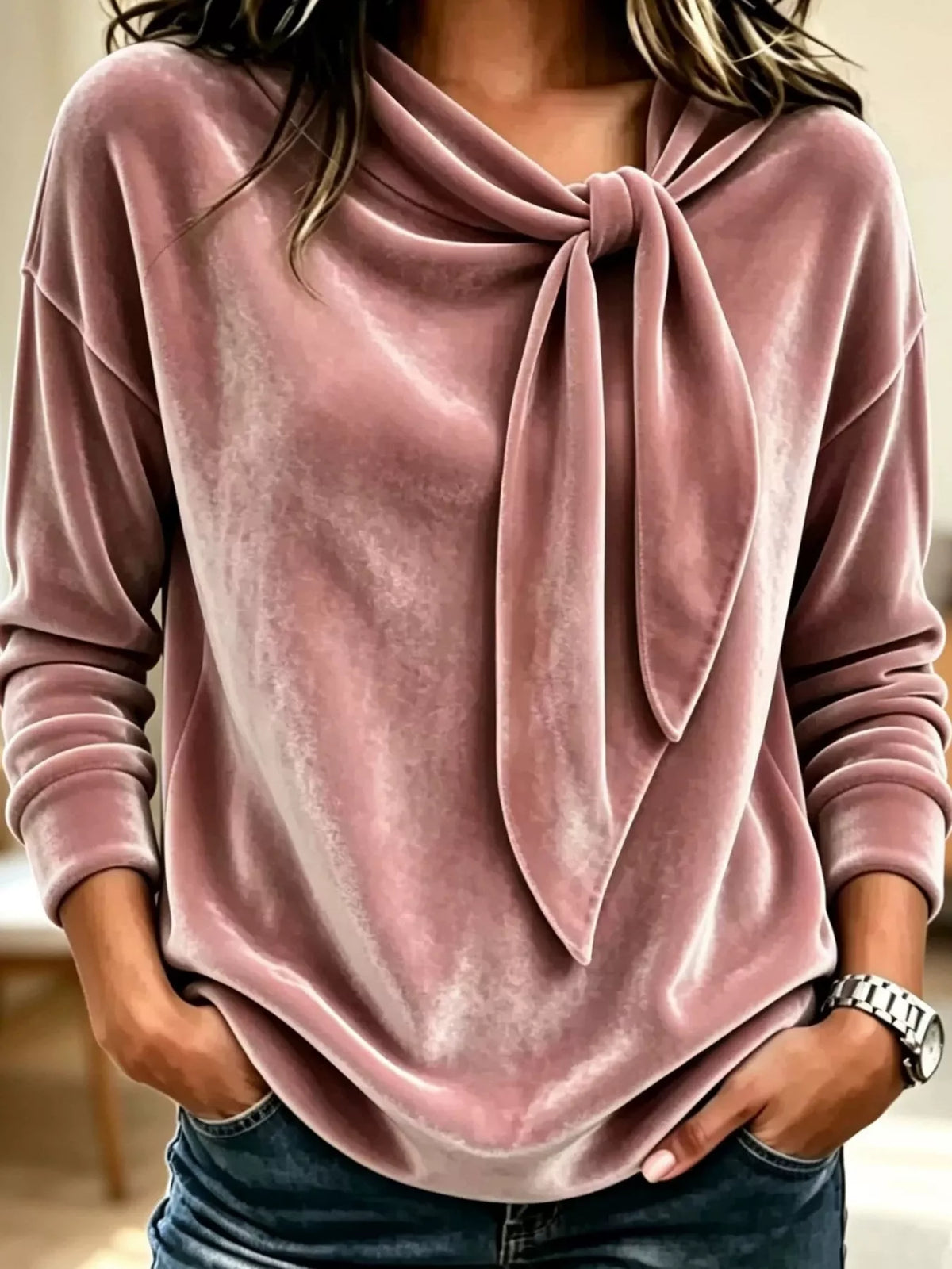 Velvet Tie Front Long Sleeve Sweatshirt - Lilixa.store