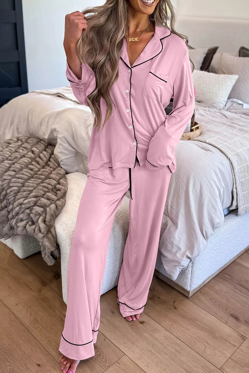 Contrast Trim Button Up Top and Pants Set - Lilixa.store