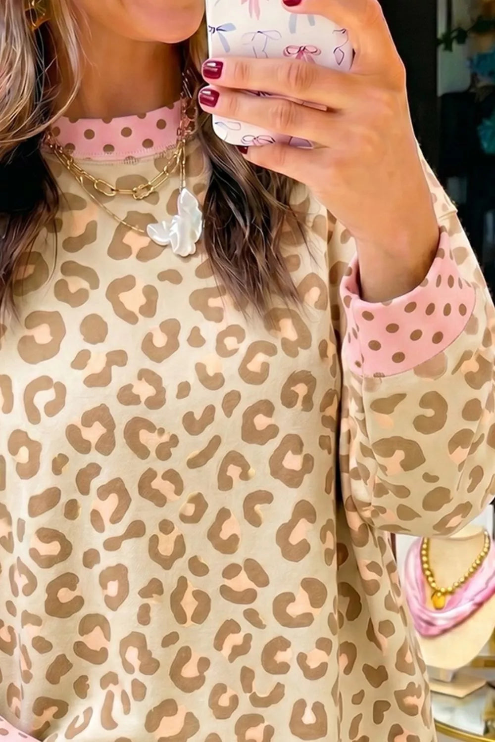 Leopard Print Sweatshirt with Polka Dot Accents - Lilixa.store