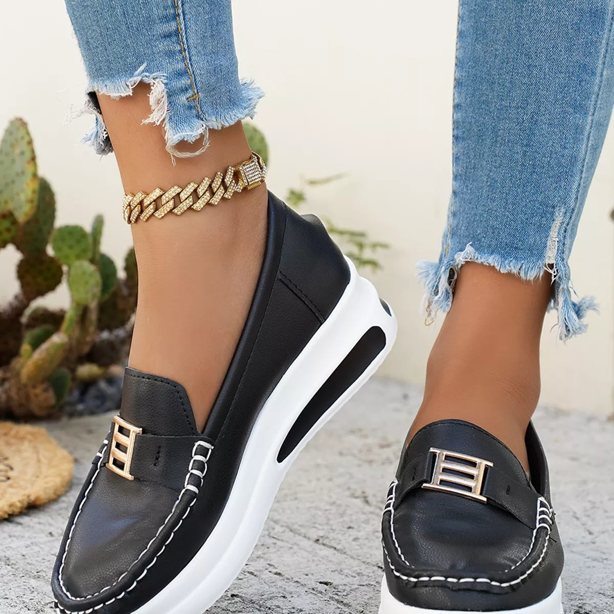 Metal Buckle Round Toe Slip-Ons, view 6