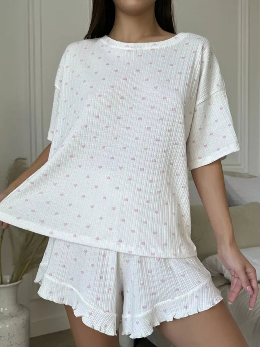 Heart Print Casual Top and Shorts Lounge Set - Lilixa.store