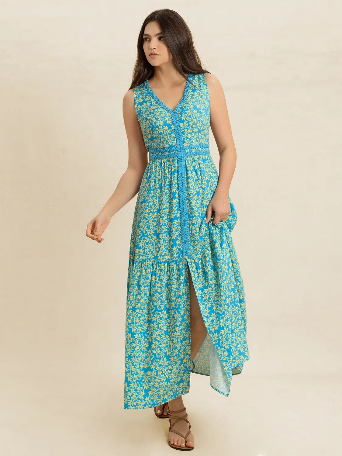 Slit Printed V-Neck Sleeveless Dress in Teal, view 5