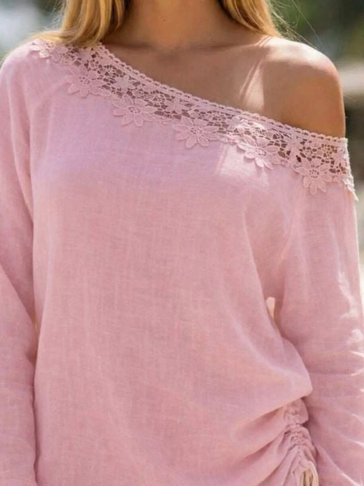 Lace Trim One Shoulder Ruched Top - Lilixa.store