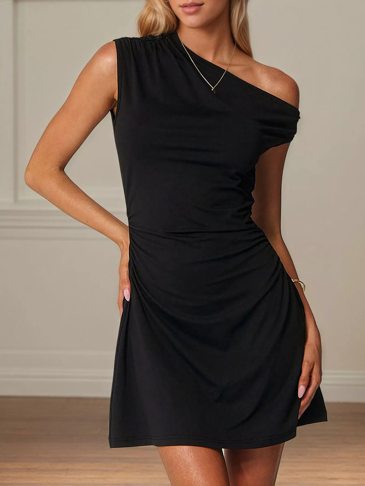 One-Shoulder Ruched Bodycon Mini Dress in Black
