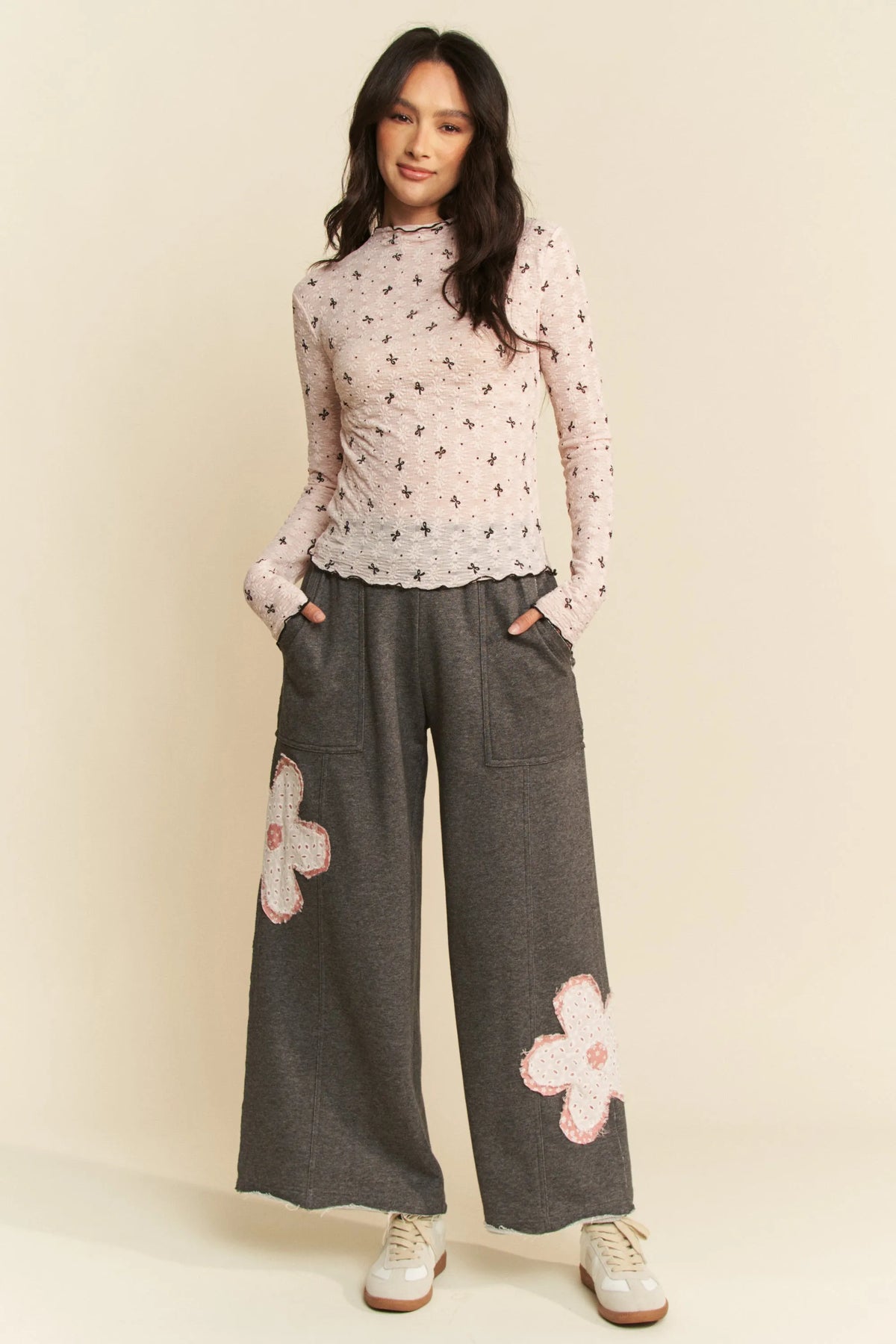 Davi & Dani Ribbon Bow Lace Hem Long Sleeve Mesh Layering Top - Lilixa.store
