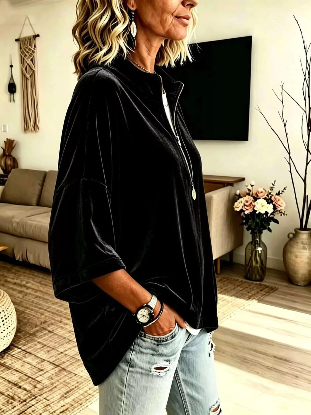 Full Size Velvet Quarter-Zip Sweatshirt Plus Size, view 7