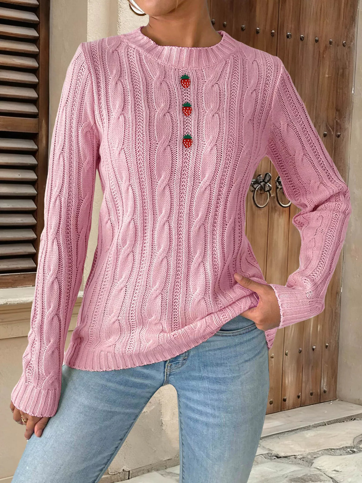 Strawberry Embellished Cable Knit Round Neck Sweater, view 10