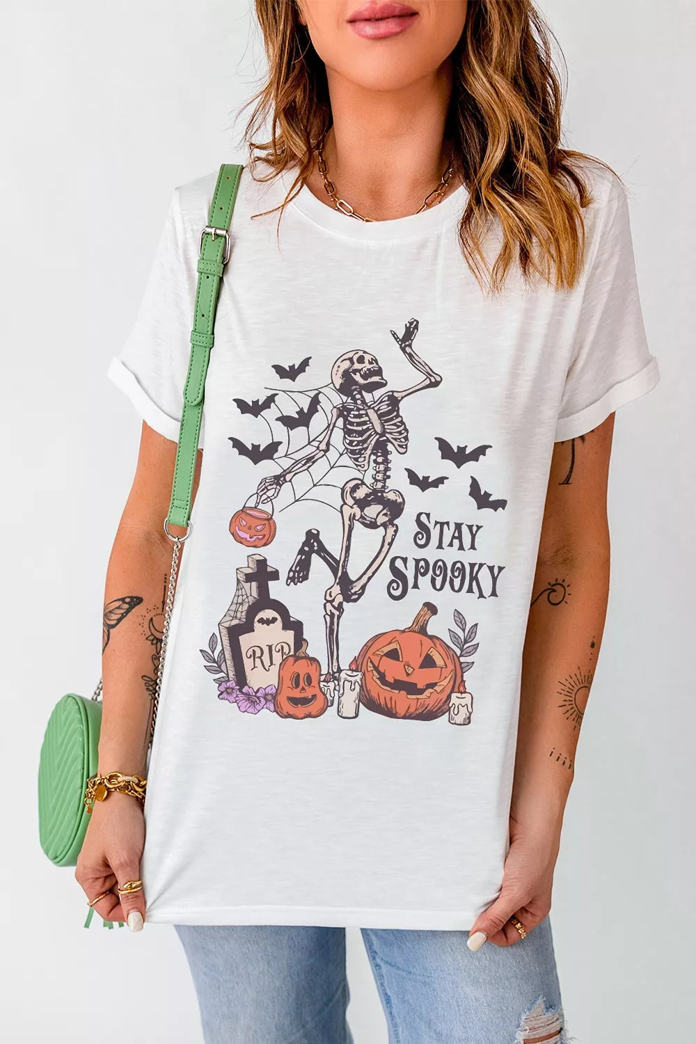 Full Size Skull Pumpkin Face STAY SPOOKY Graphic Halloween T Shirt Plus Size - Lilixa.store