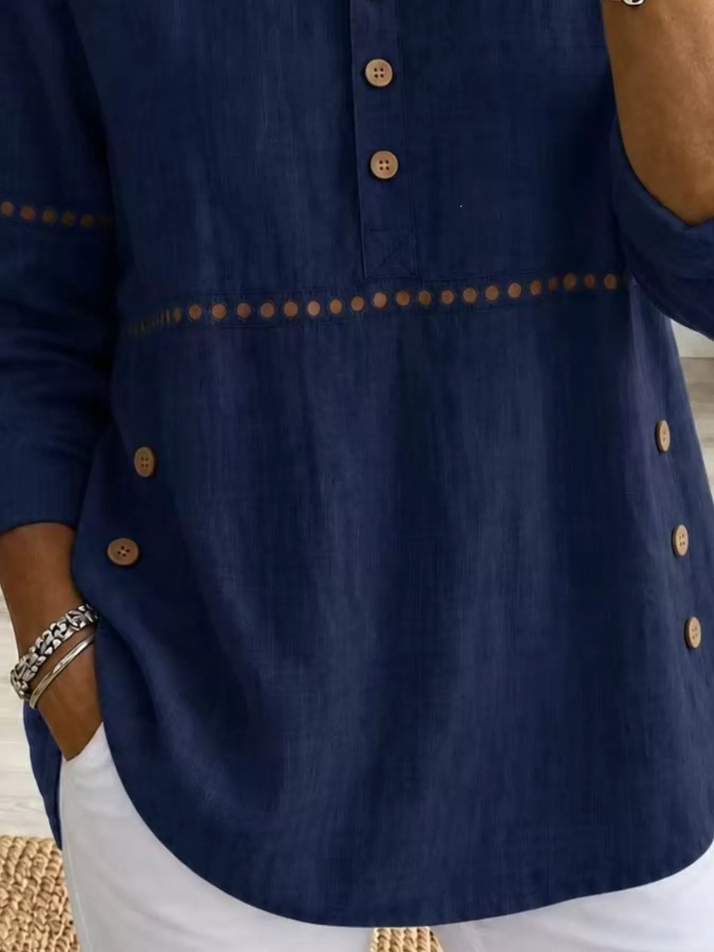 Full Size Button Detail Eyelet Long Sleeve Blouse Plus Size - Lilixa.store