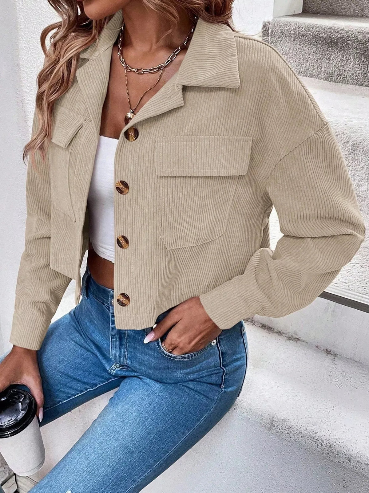 Cropped Corduroy Button-Down Jacket