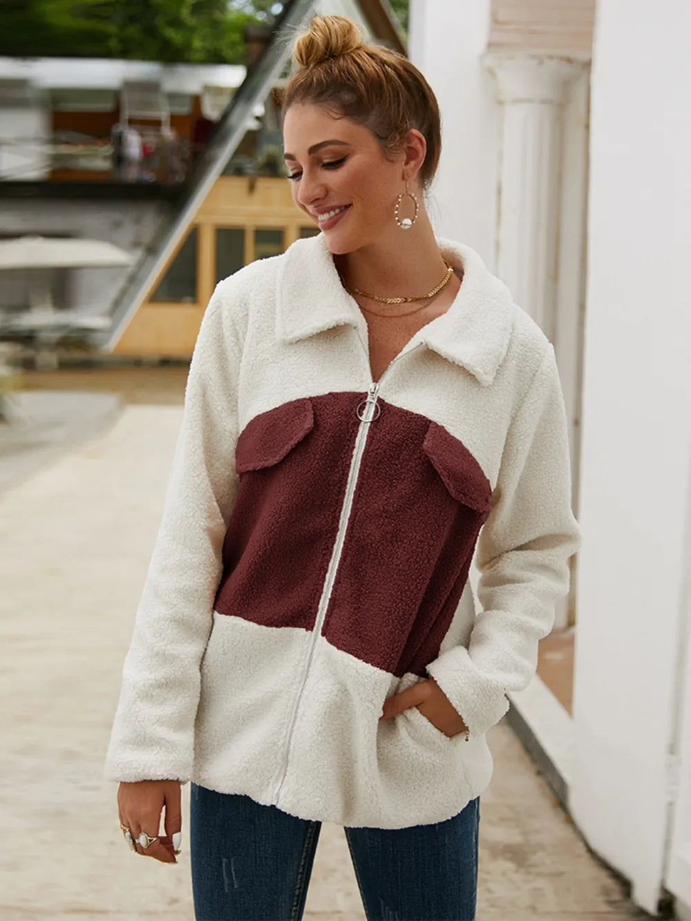 Ivy Lane Plush Contrast Zip Up Coat in Burgundy