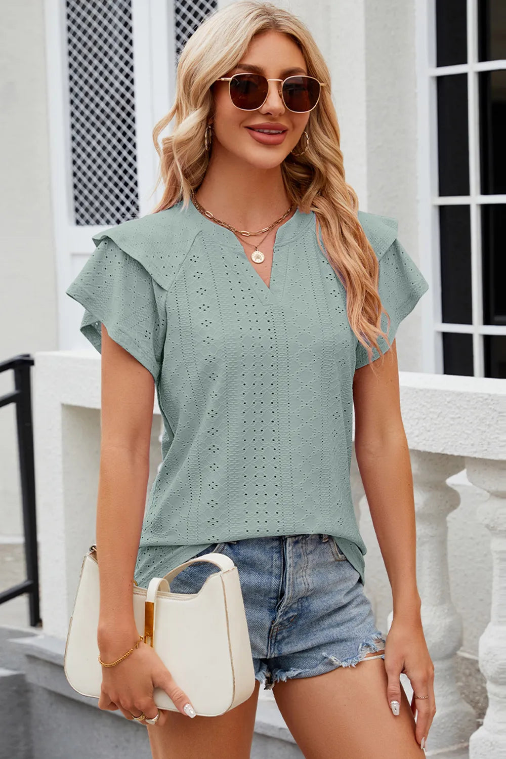 Eyelet Notched Flutter Sleeve T-Shirt - Lilixa.store