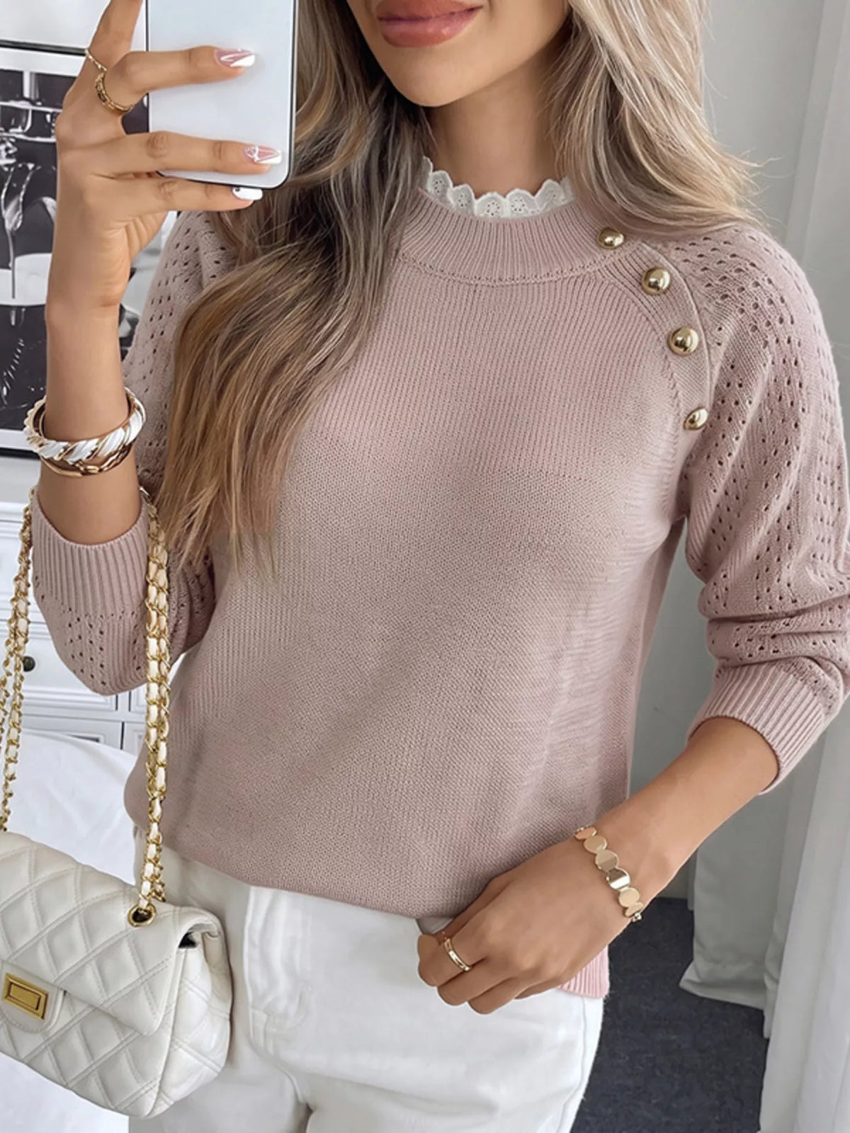 Openwork Mock Neck Sweater in Pink, view 3