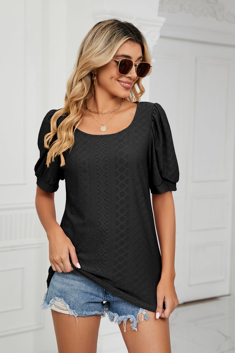 Eyelet Puff Sleeve Round Neck Top, view 5