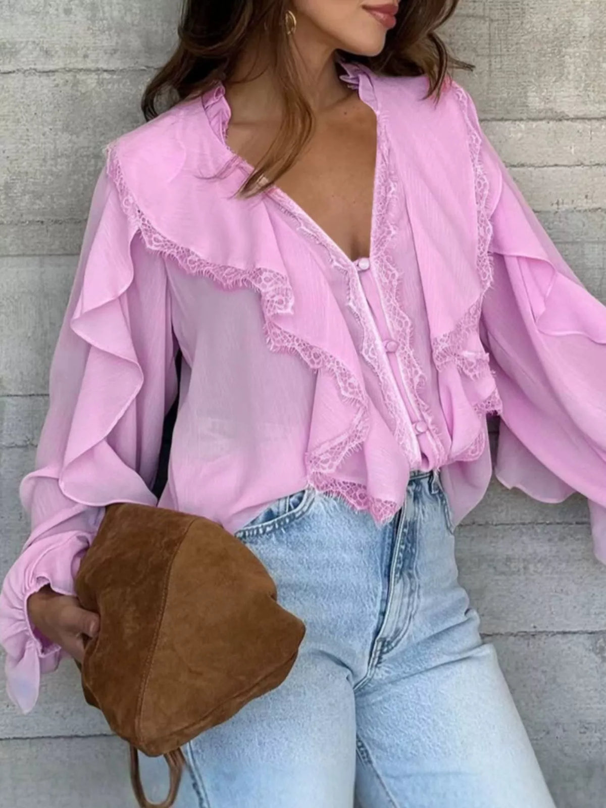 V-Neck Ruffled Lace Trim Blouse, view 10
