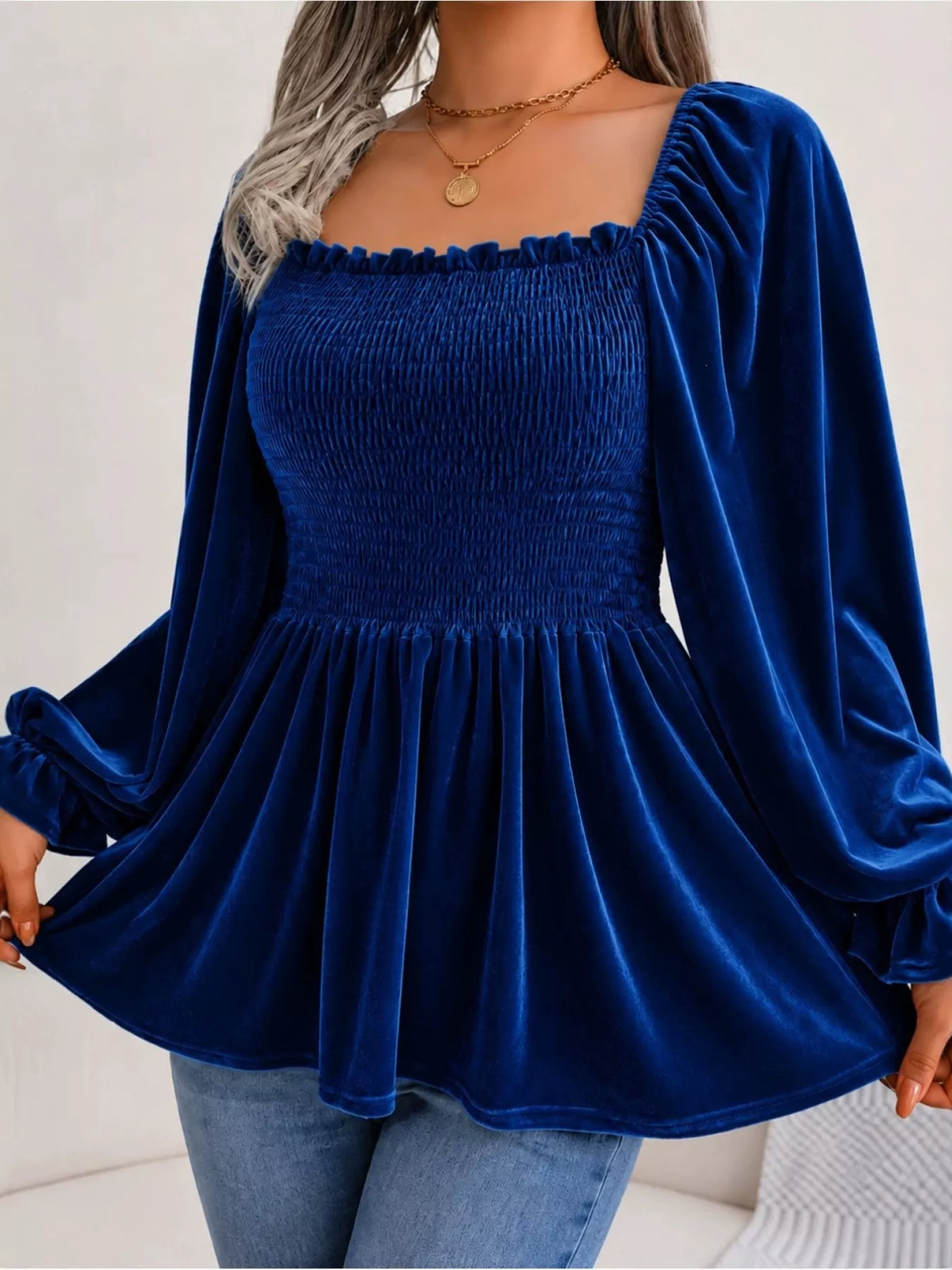 Velvet Smocked Peplum Blouse