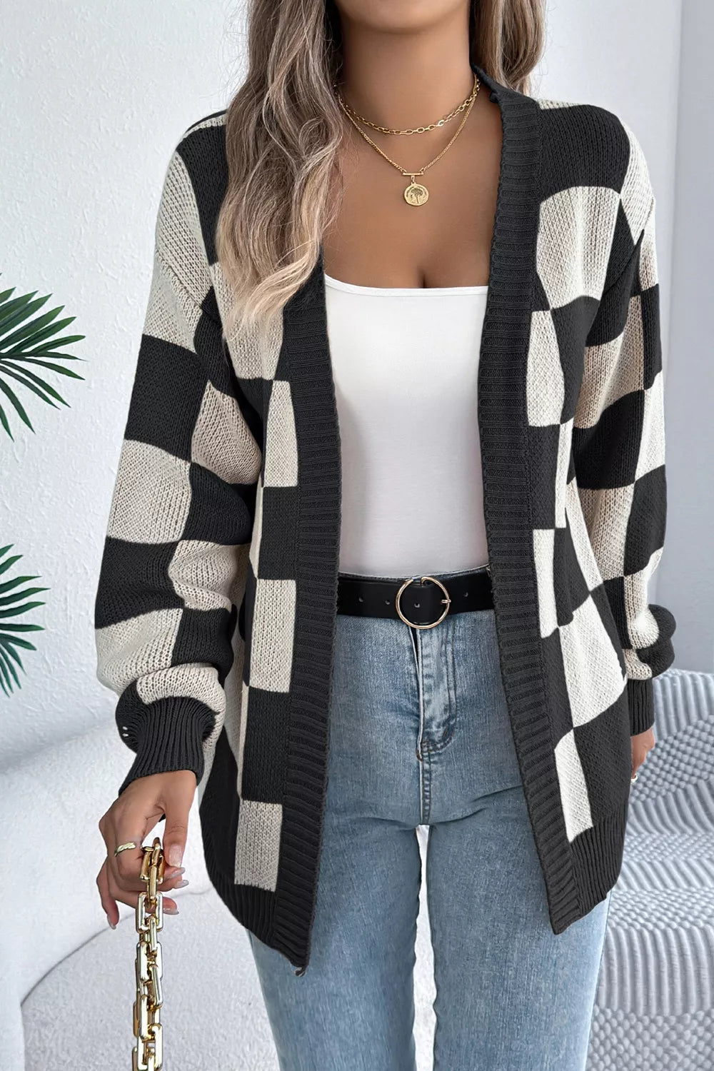 Checkerboard Pattern Open Front Knit Cardigan - Lilixa.store