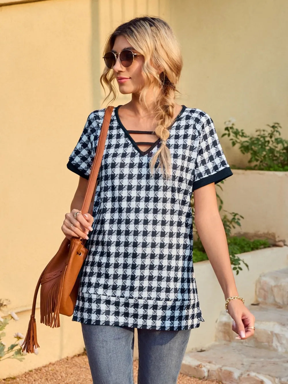 Houndstooth V-Neck Short Sleeve T-Shirt - Lilixa.store