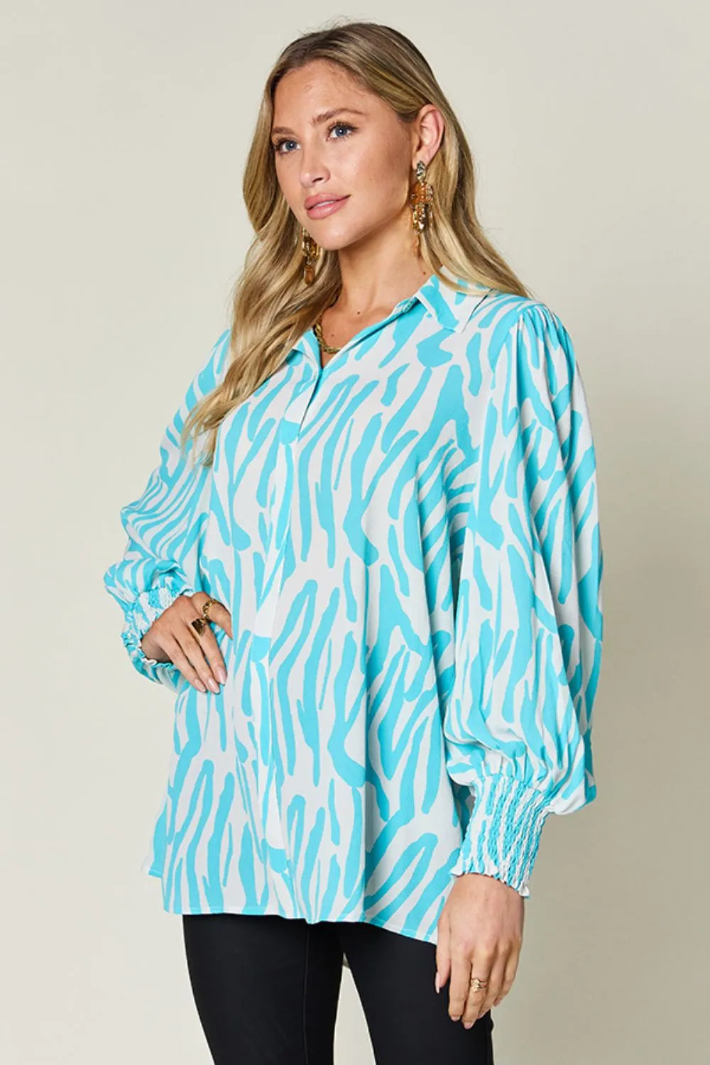 Double Take Full Size Printed Smocked Long Sleeve Blouse Plus Size - Lilixa.store