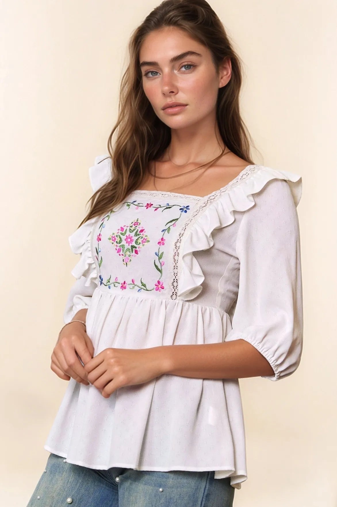 Davi & Dani Texture Tie Back Floral Embroidery Frill Blouse - Lilixa.store