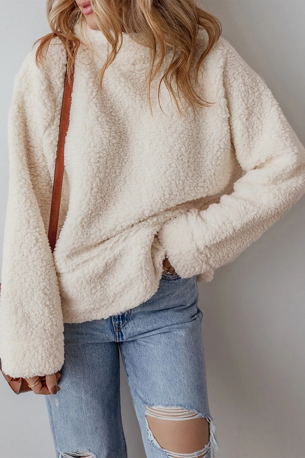 Turtleneck Long Sleeve Slit Fleece Sweatshirt - Lilixa.store