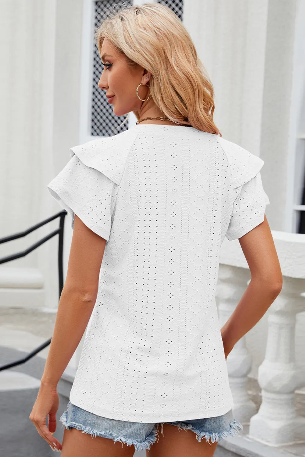 Eyelet Notched Flutter Sleeve T-Shirt - Lilixa.store